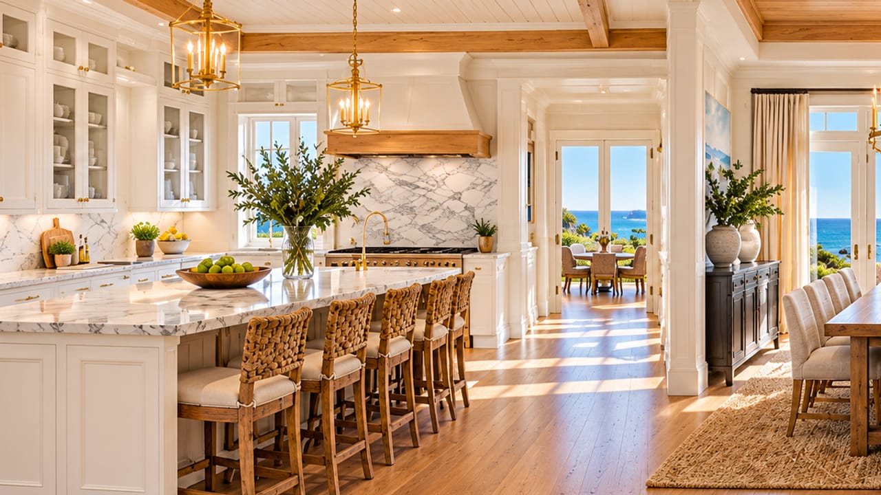 A sunlit coastal New England kitchen opening onto a dining room, with French doors framing the sea beyond the table.